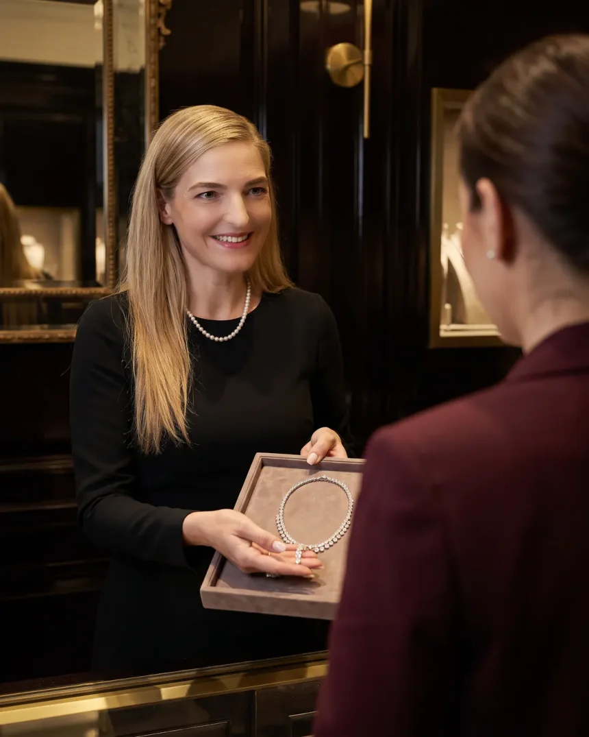 Eva Maria presenting a necklace to a private client