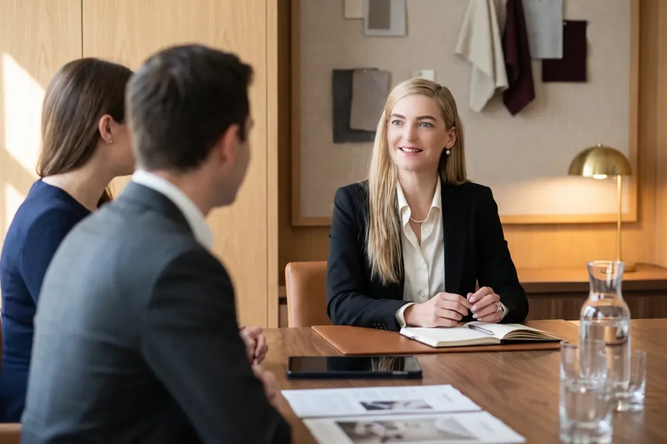 Eva Maria at a meeting table with two colleagues, a notebook and printed plans in front of them
