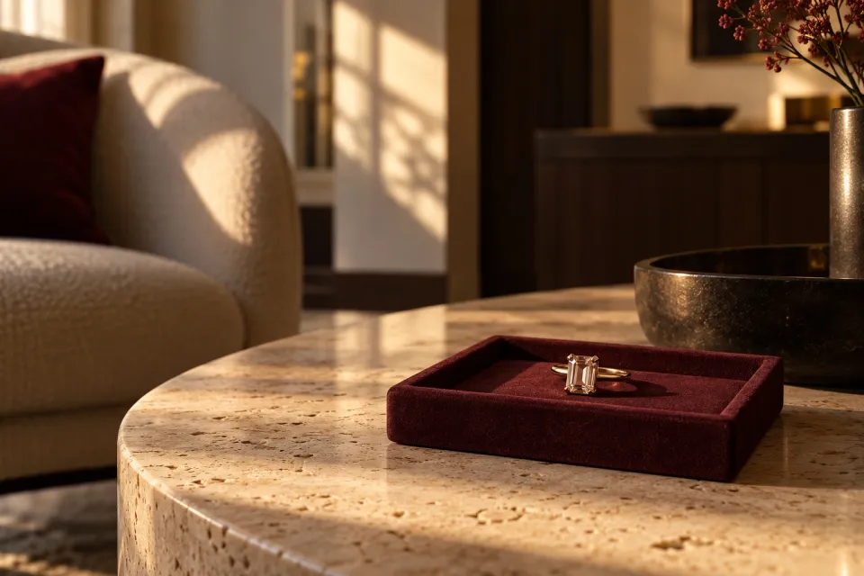 A gold ring with an emerald-cut stone on a burgundy velvet tray, on a travertine table in a sunlit hotel salon